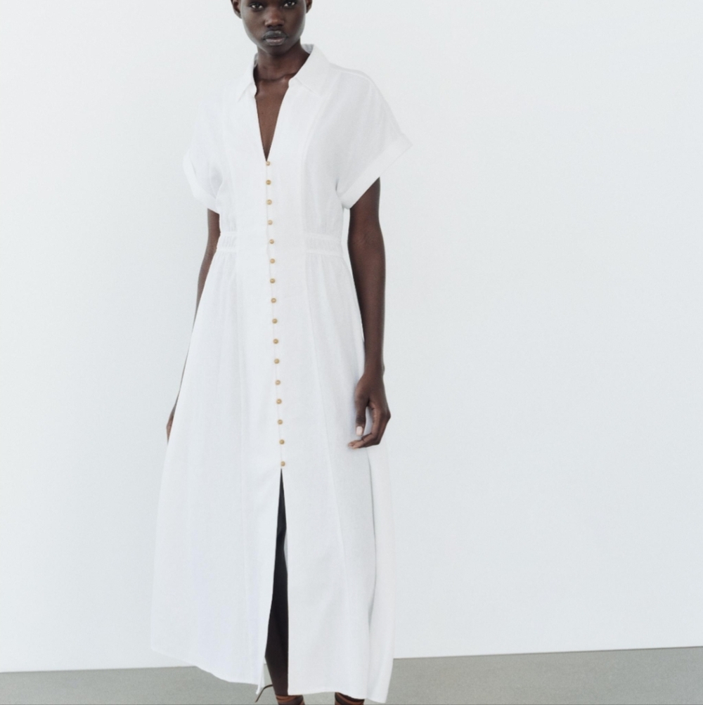 Zara XS Linen Crisp White Button-Front Midi Shirt Dress